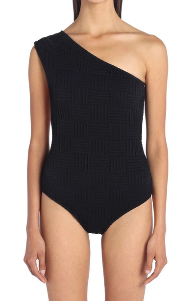 Shop Bottega Veneta Intrecciato Pattern One-shoulder One-piece Swimsuit In 1000 Black