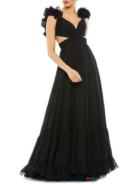 Shop Mac Duggal Rosette Chiffon Cutout Empire Waist Gown In Black