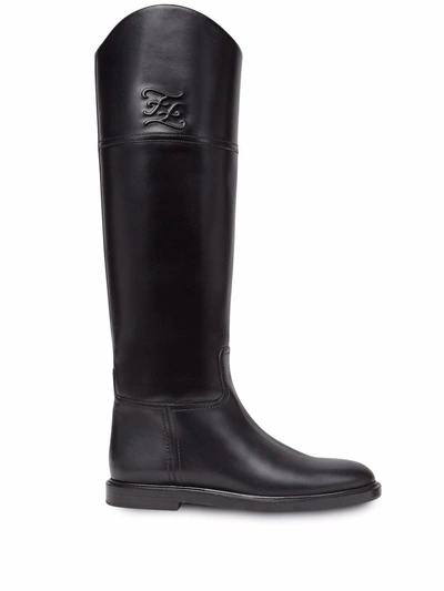 Fendi Karligraphy Embossed Knee-high Boots In Black | ModeSens