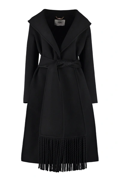 Shop Fendi Fringe Detailed Coat In Black