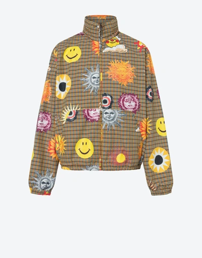 Shop Moschino Allover Sun Smiley® Print Check Cotton Windbreaker In Beige