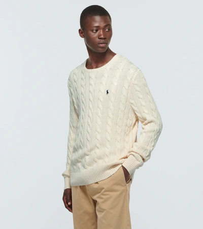 Polo Ralph Lauren Classic Cable-knit Sweater With Ribbed Hem And Embroidered Logo In Neutral