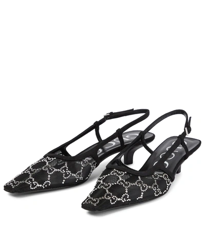 Gucci Gg Rhinestoned Mesh Slingback Pumps In Nero/nero