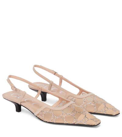 Shop Gucci Gg Embellished Slingback Pumps In Lt Powder/skin Rose