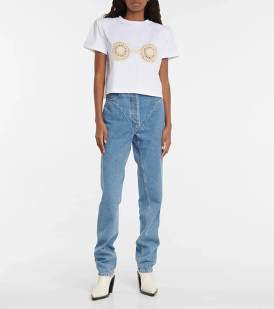 Magda Butrym Cropped Cotton T-shirt With Unique Front Embroidery In White