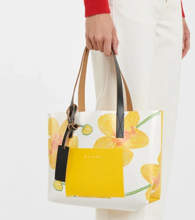 Shop Marni Printed Medium Leather-trimmed Shopper In Maize+acid+black