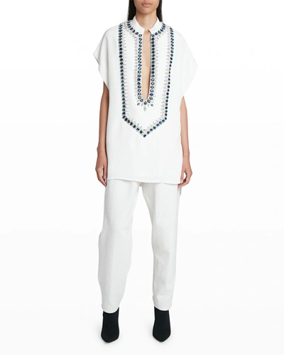 Shop Balmain Jewel-embroidered Plunging Tunic Shirt In White Multi