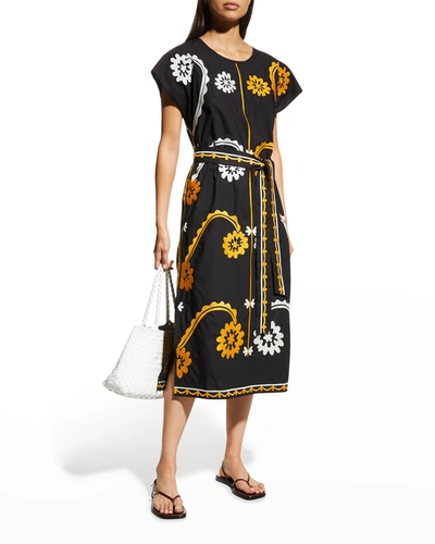 Shop Tory Burch Embroidered Midi Dress W/ Belt In Black