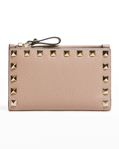 Shop Valentino Rockstud Leather Zip Coin Purse/card Holder In P45 Poudre