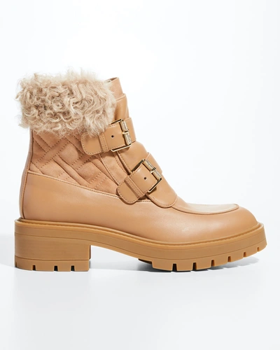 Shop Aquazzura Ryan Lug-sole Shearling Buckle Boots In Bisque