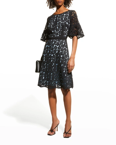 Shop Shani Bell-sleeve Laser-cut Crepe Dress In Blkblue
