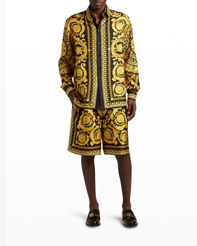 Shop Versace Men's Barocco Silk Sport Shirt In Blackgold
