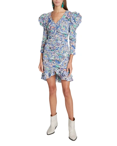 Shop Isabel Marant Bireya Floral-print Ruched Puff-sleeve Mini Dress In Blue