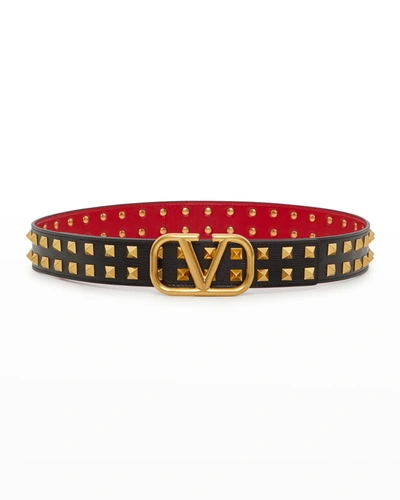 Shop Valentino Vlogo Double Rockstud Leather Belt In 0no Nero Rouge Pu