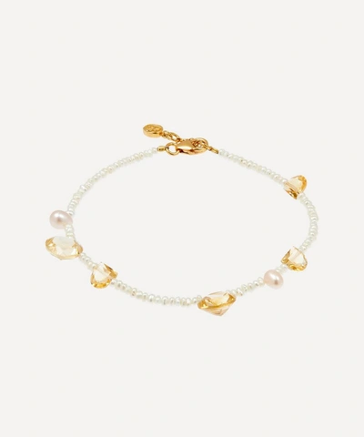 Shop By Pariah 14ct Gold Plated Vermeil Silver The Dancing Sun Citrine And Pearl Beaded Bracelet In Citrine/pearl