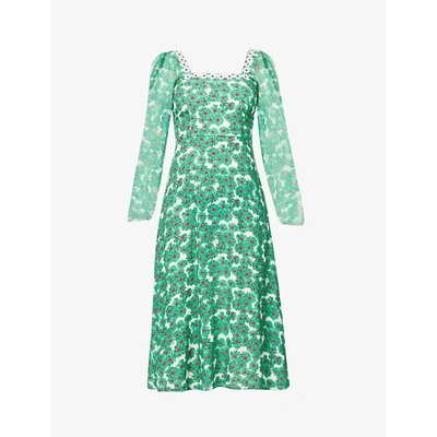 Shop Hvn Matilda Flower-print Woven And Silk Midi Dress In Pink And Green Daisy