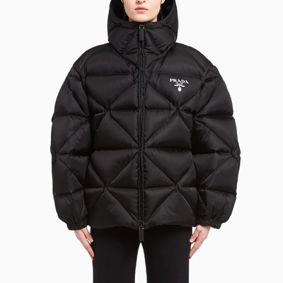 Shop Prada Black Re-nylon Quilted Hooded Down Jacket In Multicolor