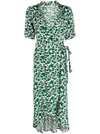 Ganni Floral Print Wrap Midi Dress In Green | ModeSens
