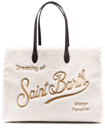 Shop Mc2 Saint Barth Vivian Logo-embroidered Faux-shearling Tote Bag In Nude
