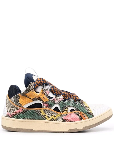 Lanvin Curb Snakeskin-effect Sneakers   In White ,blue