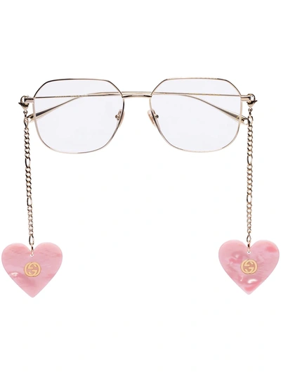 Shop Gucci Heart-pendant Square-frame Glasses In Gold