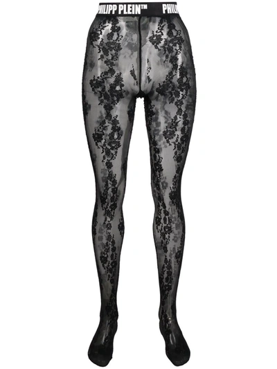 Shop Philipp Plein Floral-lace Logo-waistband Tights In Black