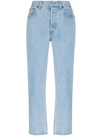 Shop Still Here Gingham Check-print Straight-leg Jeans In Blue