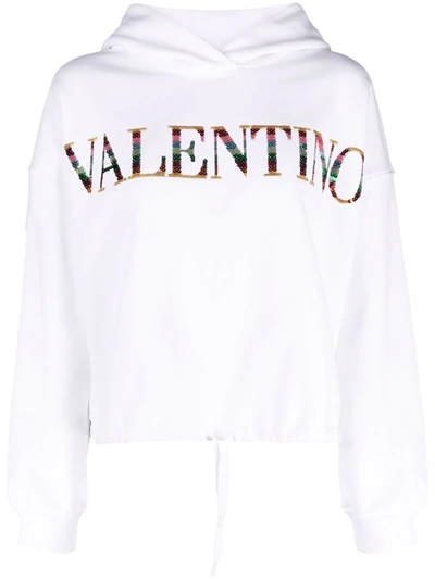 Shop Valentino Sequin-logo Drawstring Hoodie In White