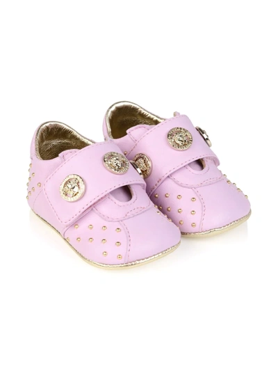 Shop Versace Studded Leather Pre-walkers In Pink