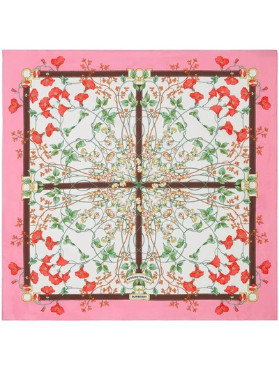 Shop Burberry Floral-print Square Silk Scarf In Pink