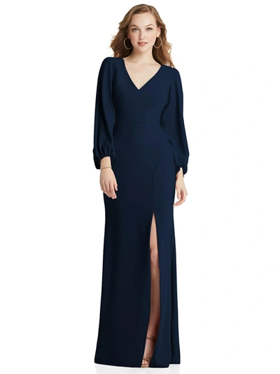 Shop Dessy Collection Long Puff Sleeve V-neck Trumpet Gown In Blue