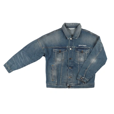 Palm Angels Blue Denim Jacket With White Print In Blue Denim