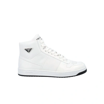 Shop Prada Leather High-top Sneakers In White