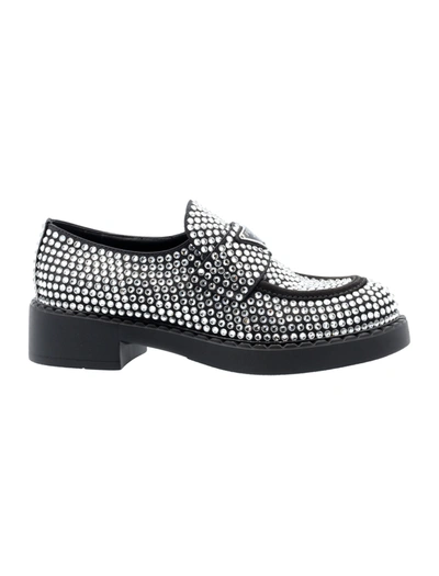 Shop Prada Satin Loafers With Crystals