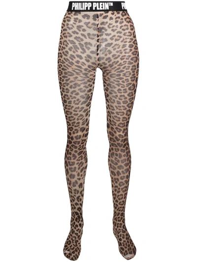 Shop Philipp Plein Leopard-print Logo Waistband Tights In Brown