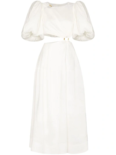 Shop Aje Vanades Puff-sleeve Midi Dress In White