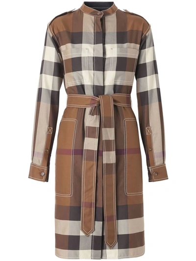 Shop Burberry Check-pattern Belted Shirt Dress In Brown