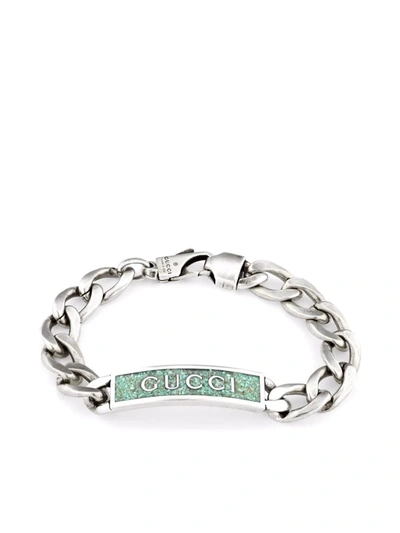 Shop Gucci Logo Plaque Chain Bracelet In Silver
