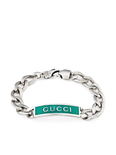 Shop Gucci Logo Plaque Bracelet In Silver