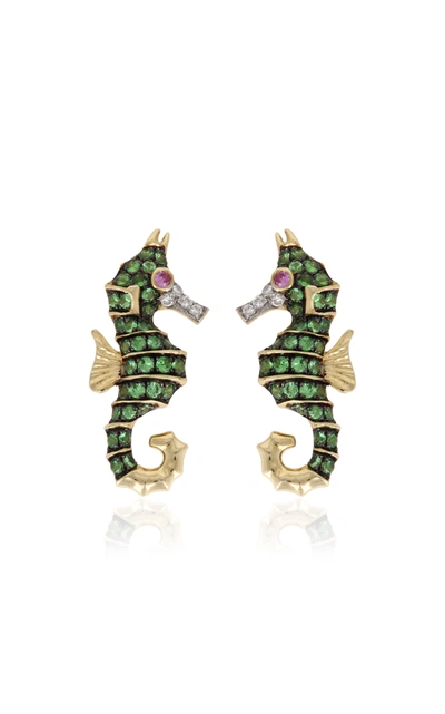 Shop Yvonne Léon Seahorse 18k Gold Multi-stone Earrings In Green