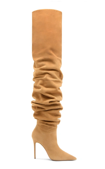 Shop Amina Muaddi Jahleel Suede Thigh-high Boots In Brown