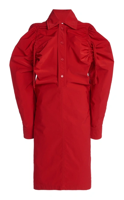 Shop Bottega Veneta Drawstring-detailed Tech-wool Midi Shirt Dress In Red