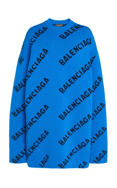 Shop Balenciaga Women's Oversized Logo-knit Sweater In Blue