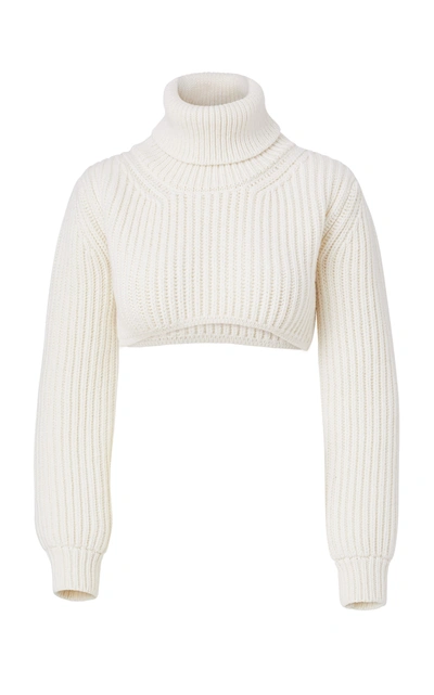 Shop Brandon Maxwell Women's Ribbed-knit Wool Cropped Sweater In White