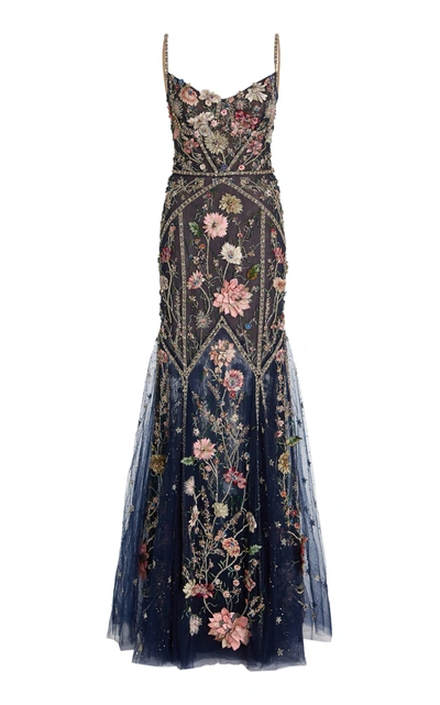 Shop Marchesa Women's Floral-embellished Tulle Gown In Blue
