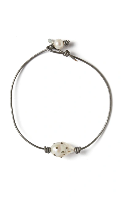 Shop Joie Digiovanni Diamond-studded Pearl Leather Choker In Silver