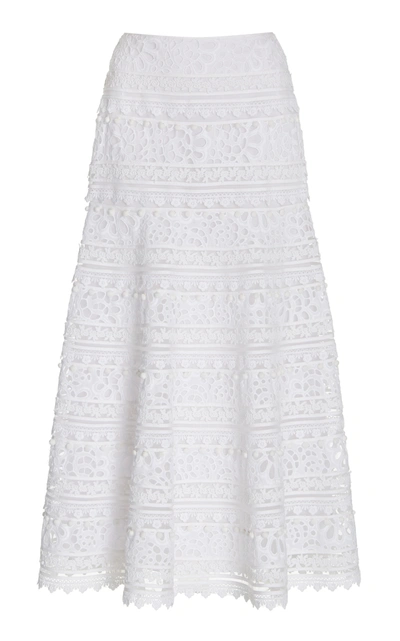 Shop Carolina Herrera Women's Embroidered Cotton Midi Skirt In White