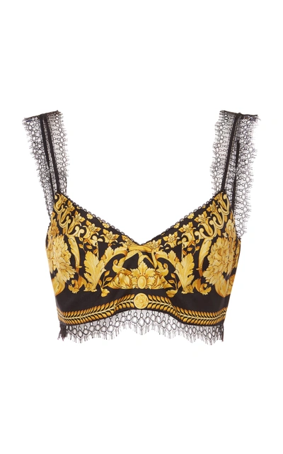 Shop Versace Women's Cropped Lace-trimmed Printed Silk Top