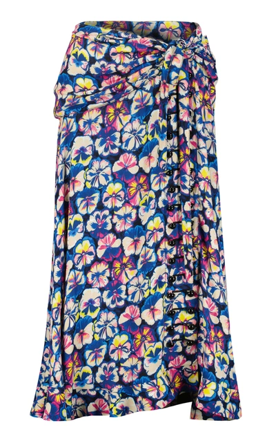 Shop Paco Rabanne Draped Floral Crepe Midi Skirt In Multi