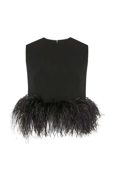 Shop 16arlington Hoku Feather-trimmed Crepe Crop Top In Black